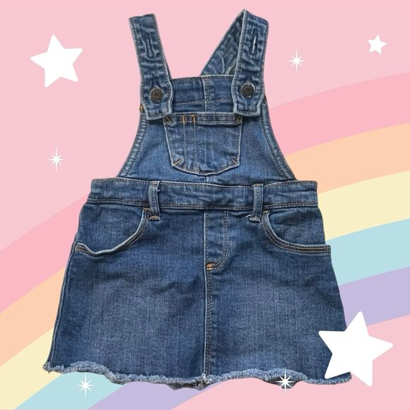 Old Navy Medium Wash Denim Overall Raw Hem Dress Size 12-18 Months - Picture 1 of 8